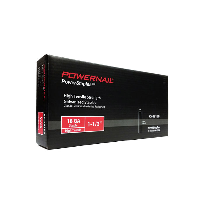 Powernail 18 Ga. 1 1/2'' Staples 1/4'' Crown Powerstaples 5M(5x1000Ct) Item No: Ps18150