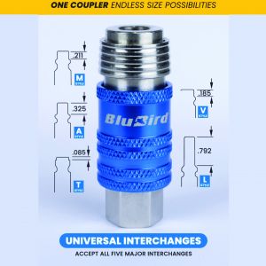 BluBird Rubber Air Hose 3/8" X 50'- 3/8" Male-NPT, 300 PSI, EPDM with Universal 5 in 1 Coupler