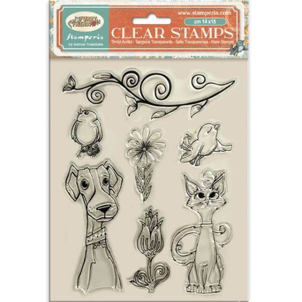 Furry Friends - Clear Stamps - Dog, Cat & Flowers