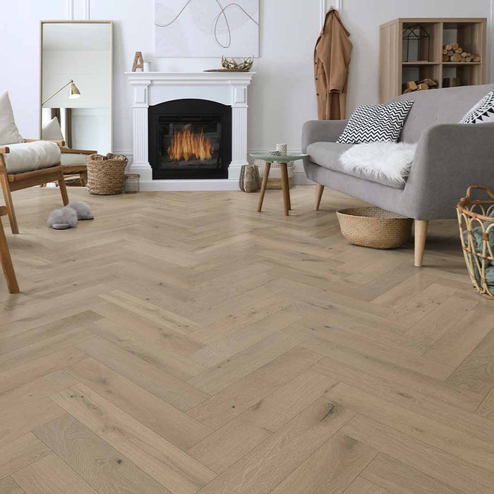 Mullican Engineered Hardwood Castillian Premier Herringbone Coastal Fog 25946 room